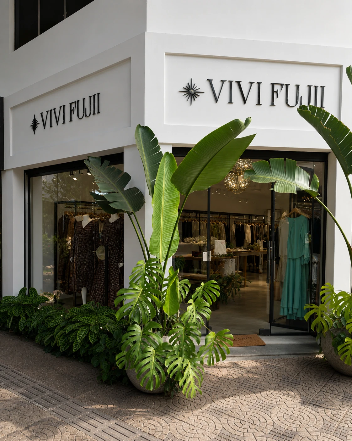 Entrada da loja Vivi Fujii, com plantas tropicais